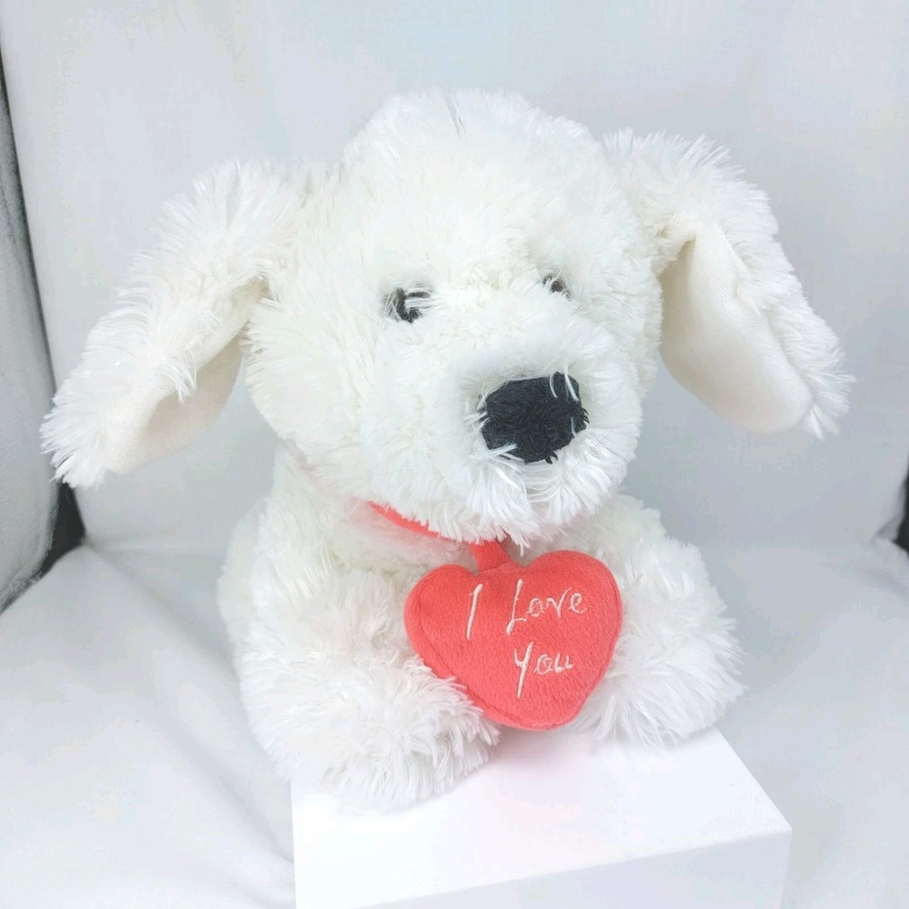 Chrisha Playful Puppy Dog Plush I LOVE‎ YOU Heart 11" White Stuffed Animal Soft